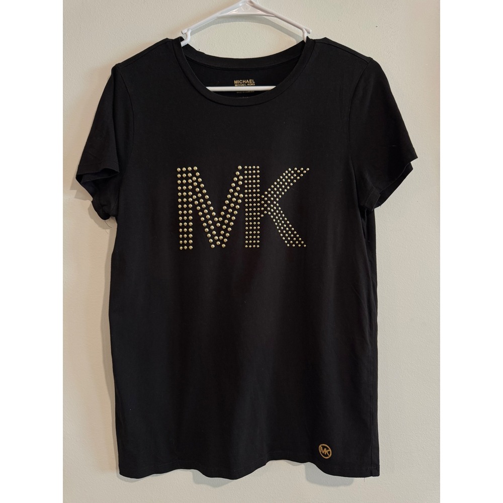 Michael Kors Studded Logo T-Shirt‎ Womens Medium Black Gold MK Graphic Tee